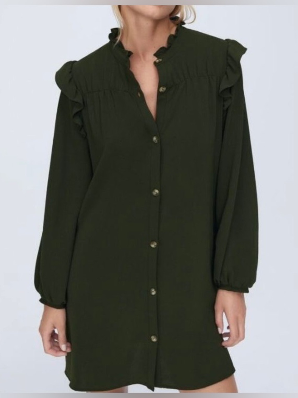 Zara Dark Olive Ruffle-Shoulder Button Front Long Sleeve Tunic Shirt Dress